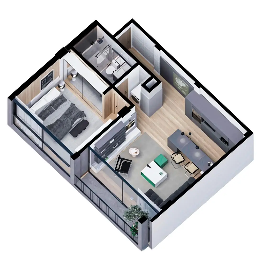 Axonométrica tipo A y B, 1 dormitorio